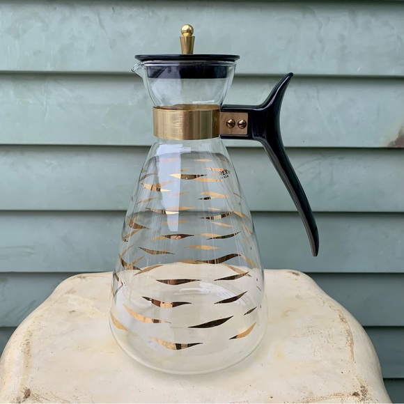 Pyrex Other - Vintage PYREX Glass Coffee Tea Carafe 10 Cup Gold Wave w/ Warmer Stand USA MCM